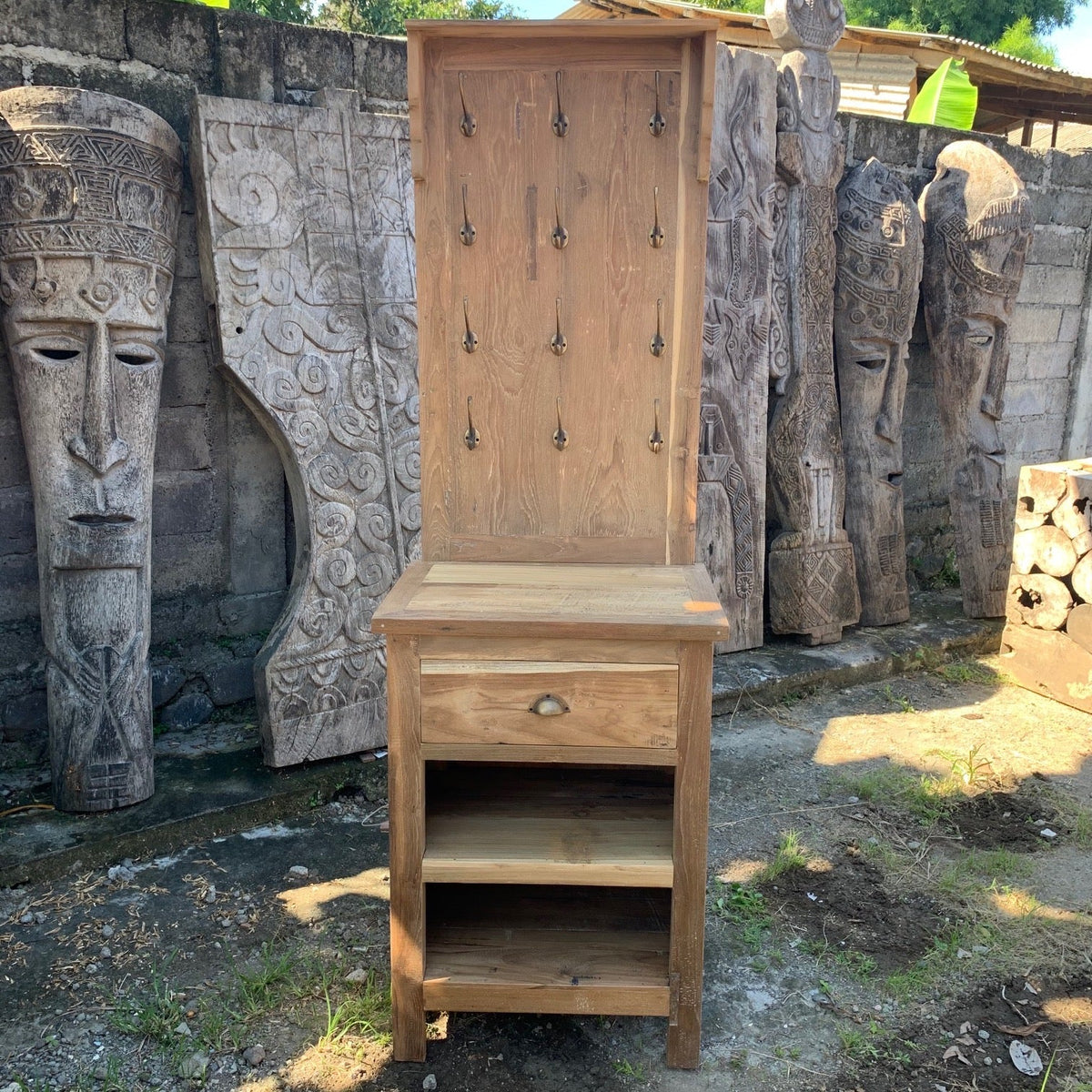 Recycled Teak Wood Hallway Bathroom Stand with Hooks and Storage 61×46×209cm - WhealySimple Home