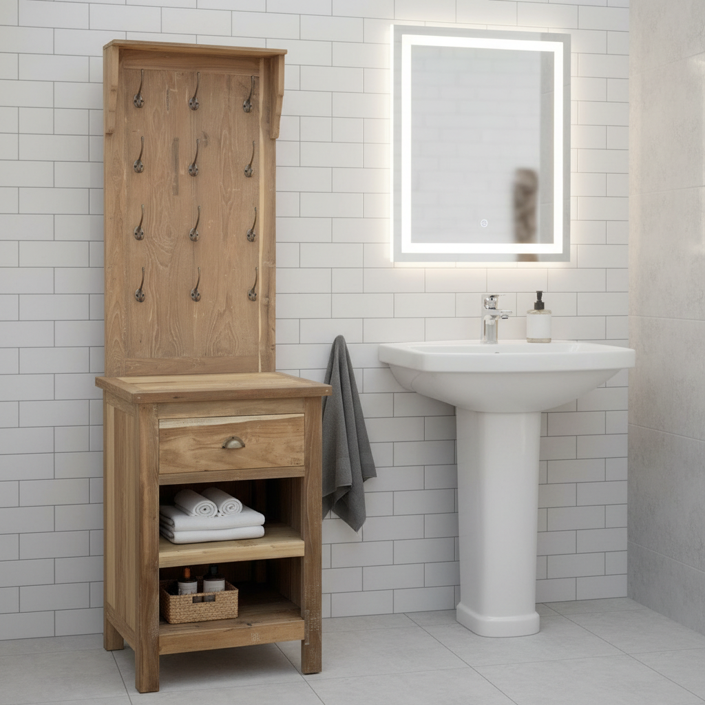 Recycled Teak Wood Hallway Bathroom Stand with Hooks and Storage 61×46×209cm - WhealySimple Home