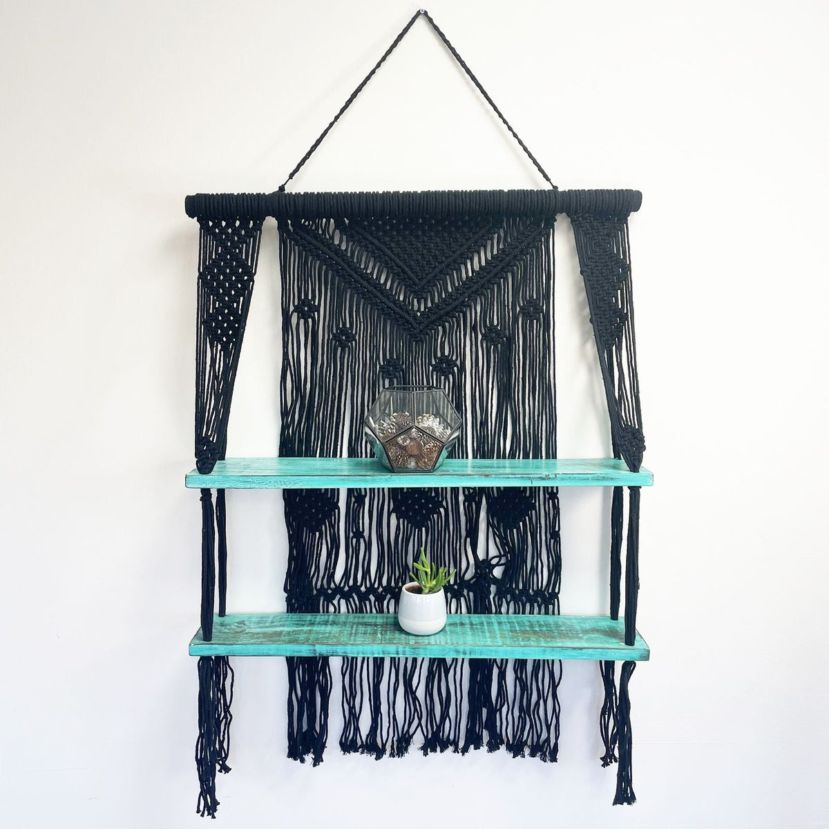 Black Macrame Hanging Shelves - Turquoise - WhealySimple Home
