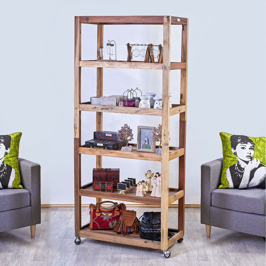 Recycled Teak Wood Six Shelf Display with Casters 79x37x180cm - WhealySimple Home