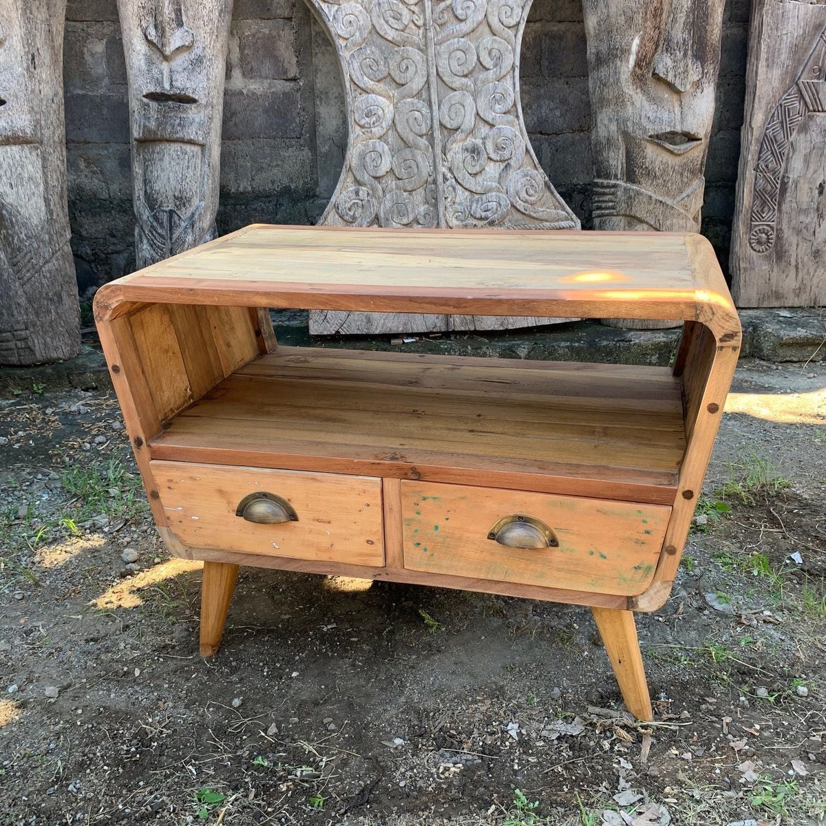 Recycled Teak Wood Small TV Stand with 2 Draws Round Length 81x49x41cm - WhealySimple Home