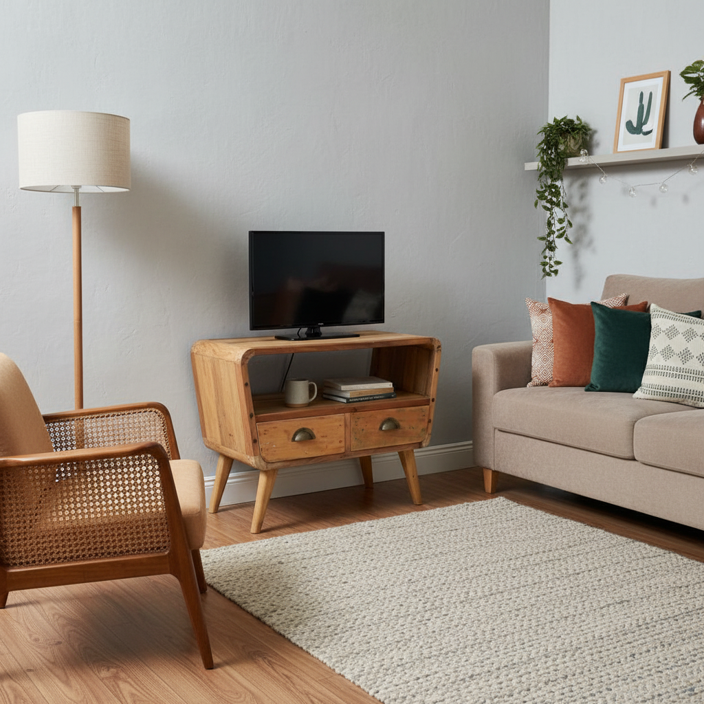 Recycled Teak Wood Small TV Stand with 2 Draws Round Length 81x49x41cm - WhealySimple Home