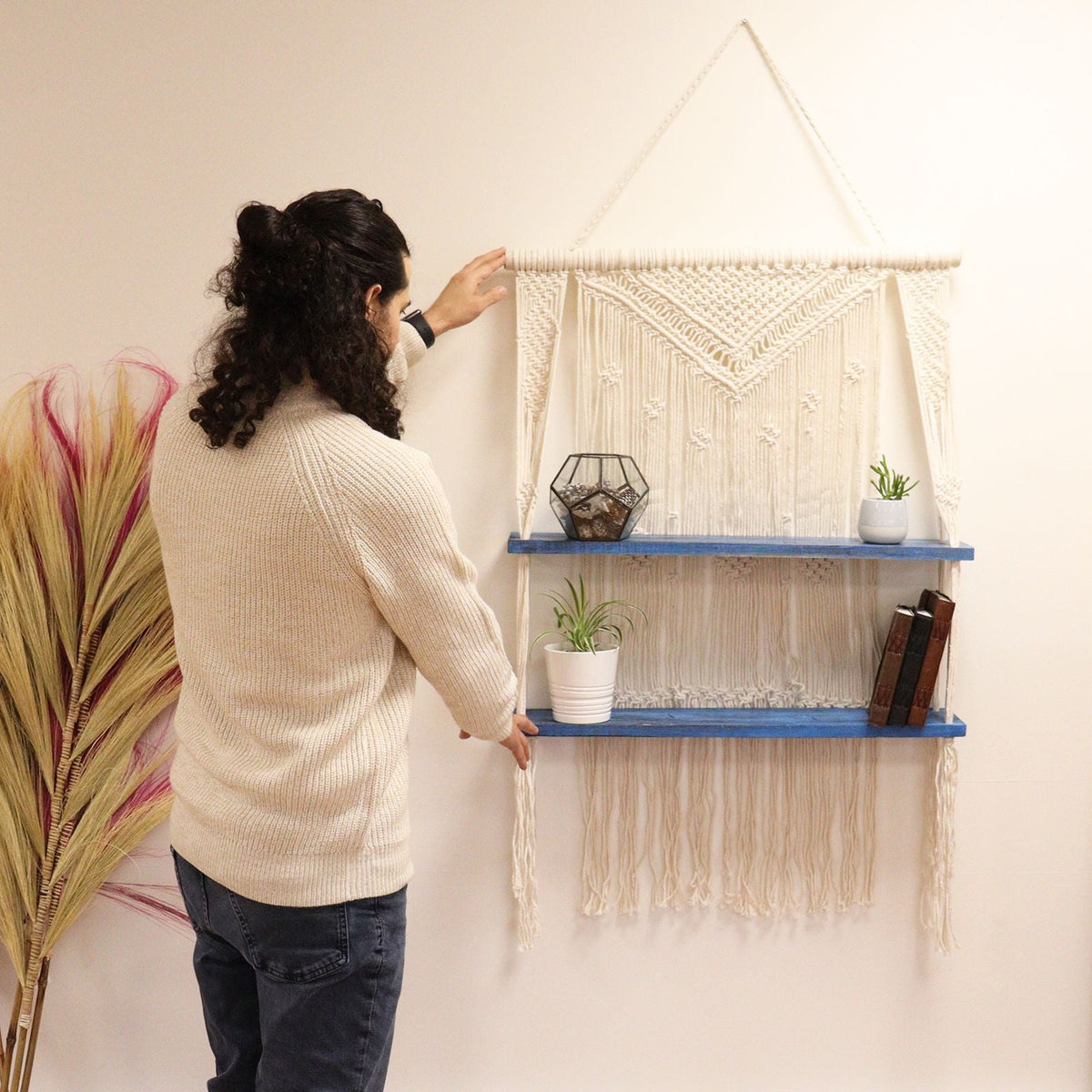 Natural Macrame Hanging Shelves - Blue - WhealySimple Home