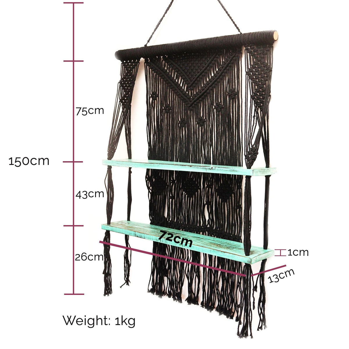 Black Macrame Hanging Shelves - Turquoise - WhealySimple Home