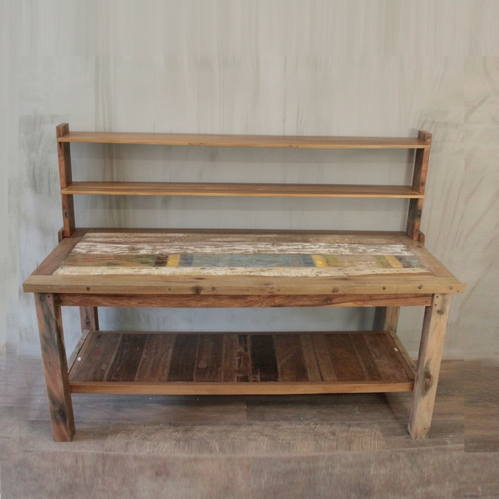 Recycled Teak Wood Dining Table with Top Shelf 220×80x80cm - WhealySimple Home