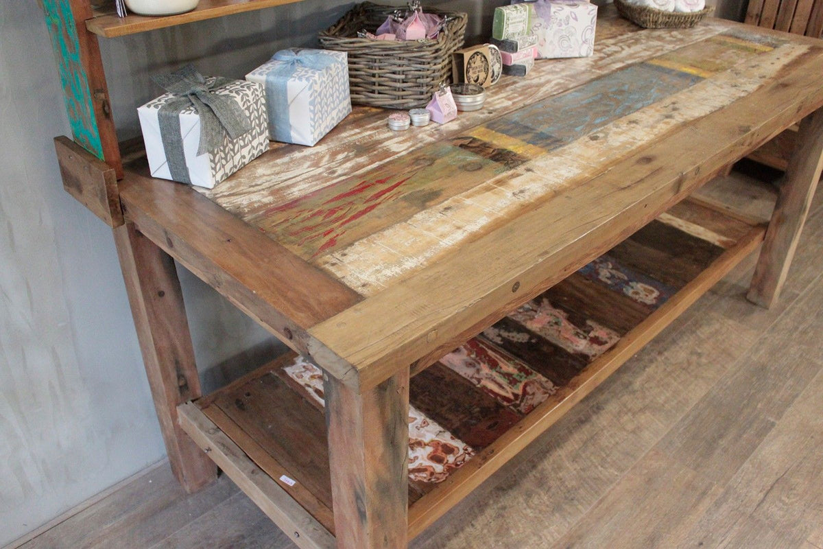 Recycled Teak Wood Dining Table with Top Shelf 220×80x80cm - WhealySimple Home