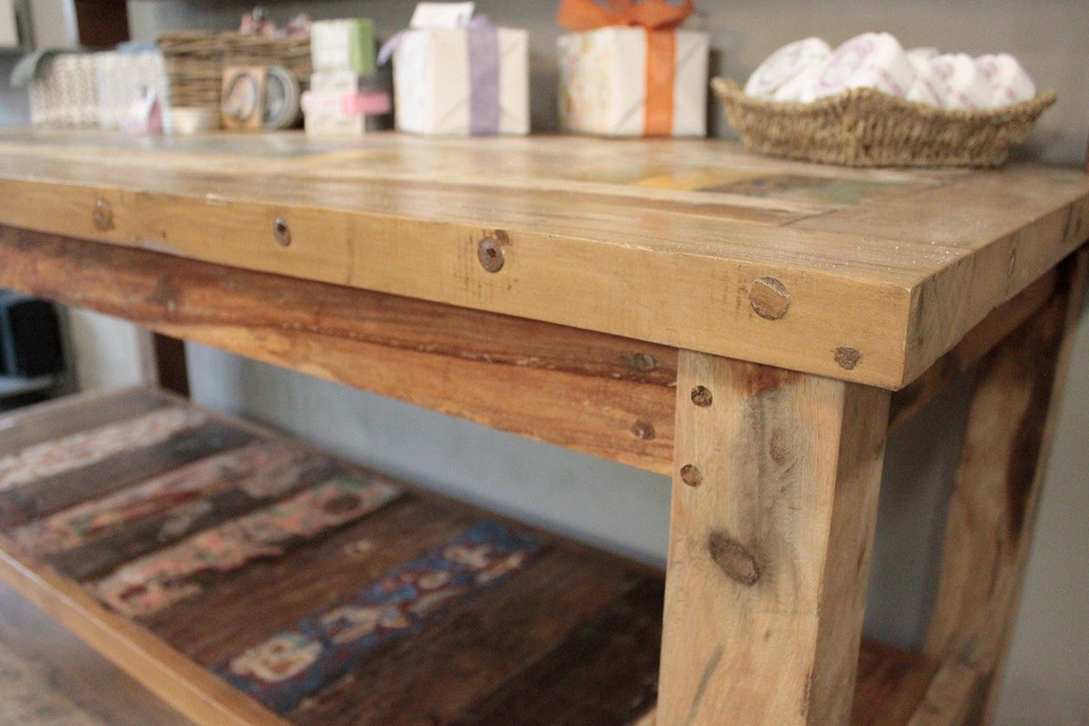 Recycled Teak Wood Dining Table with Top Shelf 180×80x80cm - WhealySimple Home