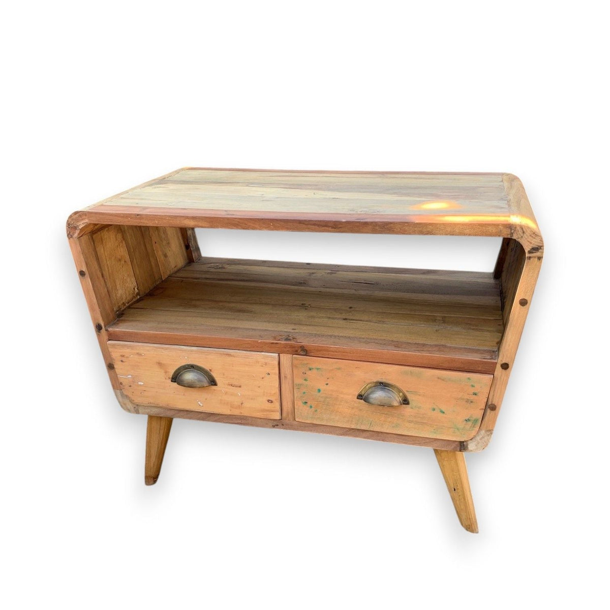 Recycled Teak Wood Small TV Stand with 2 Draws Round Length 81x49x41cm - WhealySimple Home