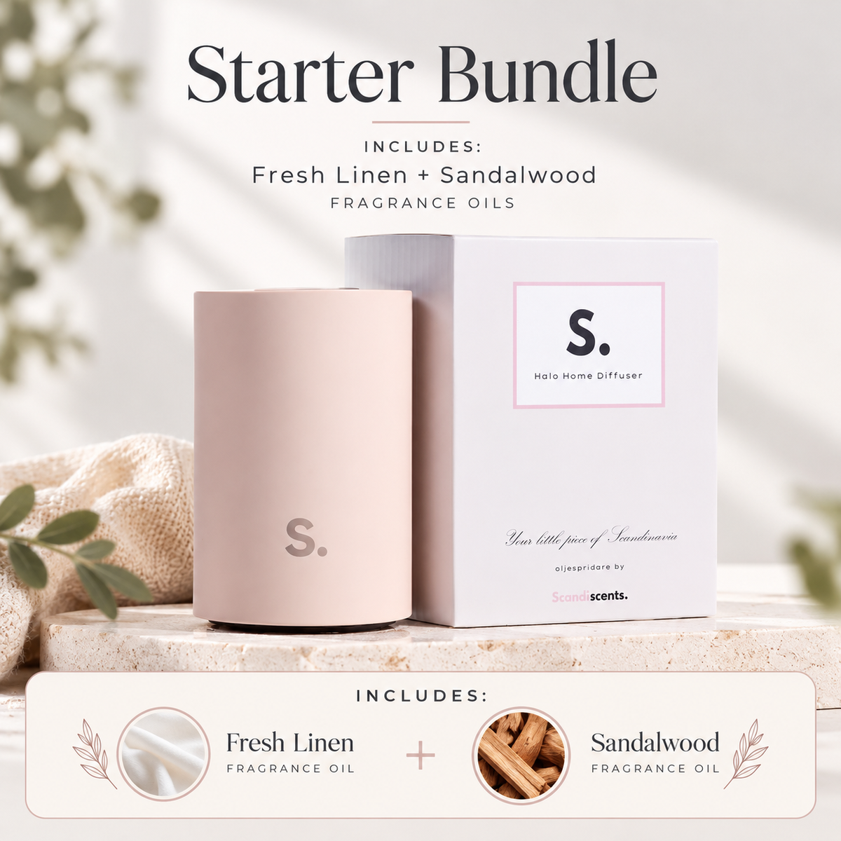 Halo diffuser launch offer starter bundle, black diffuser with Fresh Linen and Sandalwood fragrance oils