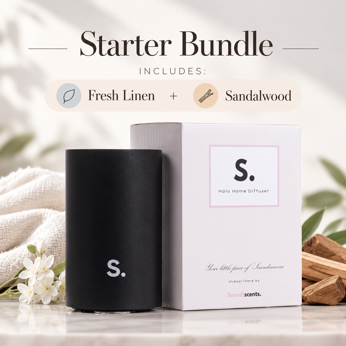 Halo diffuser launch offer starter bundle, pink diffuser with Fresh Linen and Sandalwood fragrance oils