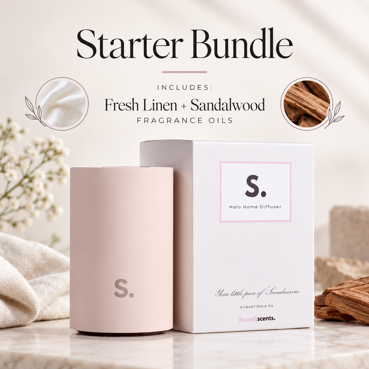 Halo diffuser launch offer, pink Halo Home diffuser with Fresh Linen and Sandalwood fragrance oils